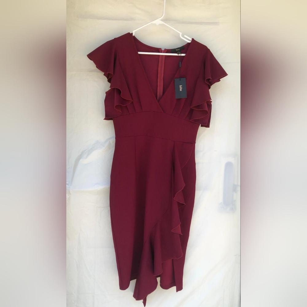 KNITEE WOMEN'S DEEP V NECK RUFFLE SLEEVES WINE COLOR ZIZE USA 8-10